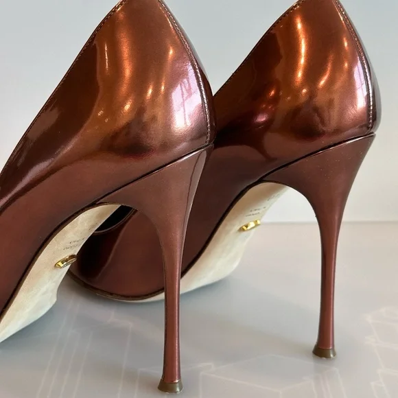 SALE SERGIO ROSSI GODIVA Red Dark Metallic Bronze Patent Leather Point Toe Pumps - Picture 9 of 12